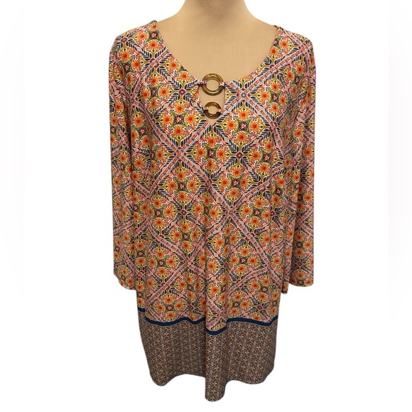 Tacera Orange Blue Floral Geometric Print Long Sleeve Tunic Stretch Top Size 2XL - Picture 1 of 10